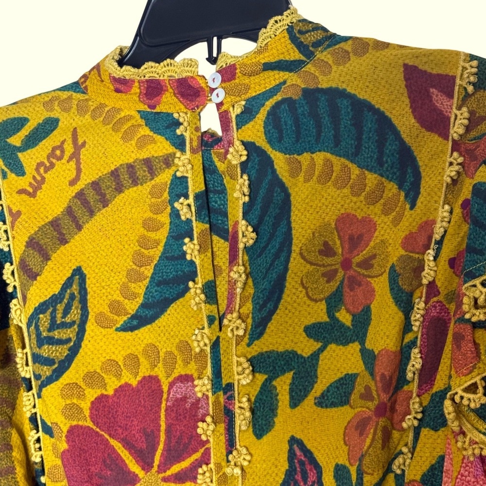 FARM Rio Yellow Tropical Tapestry Ruffled Mini Dress - Floral Long Sleeve Large - Picture 6 of 13